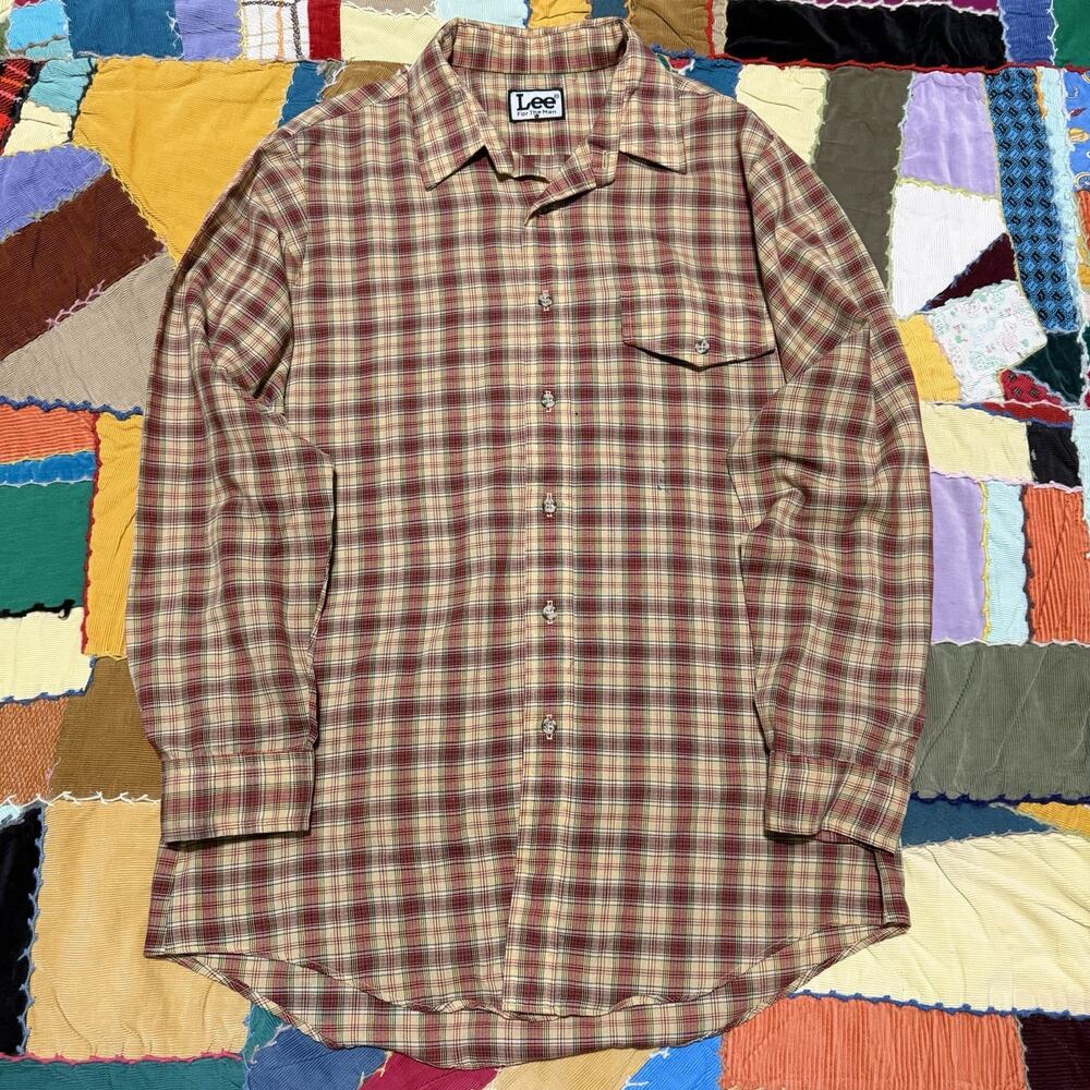 Vintage 90s Lee Tanish Yellow/Red Plaid Single Pocket Long Sleeve Button Up Larg
